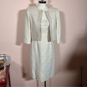 Tahari white gold brocade formal wedding festive Cocktail dress jacket Set